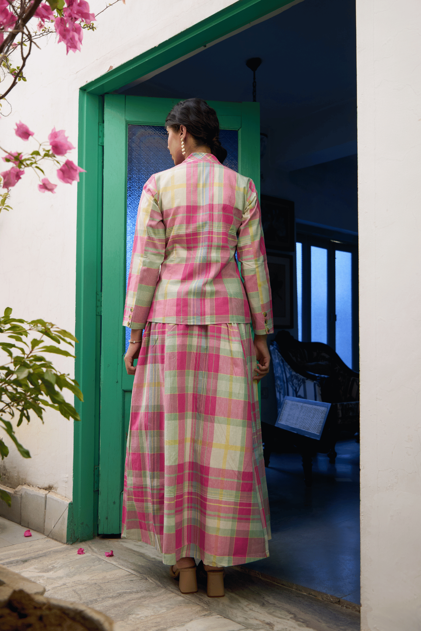 Pink & mint green Madras Cotton checks Jacket & Skirt