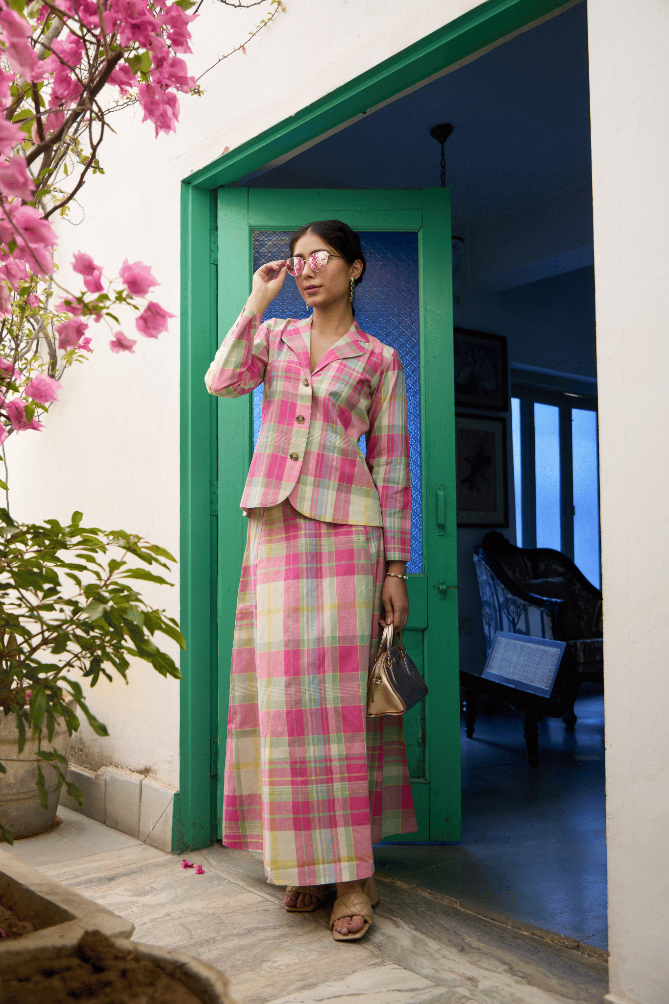 Pink & mint green Madras Cotton checks Jacket & Skirt