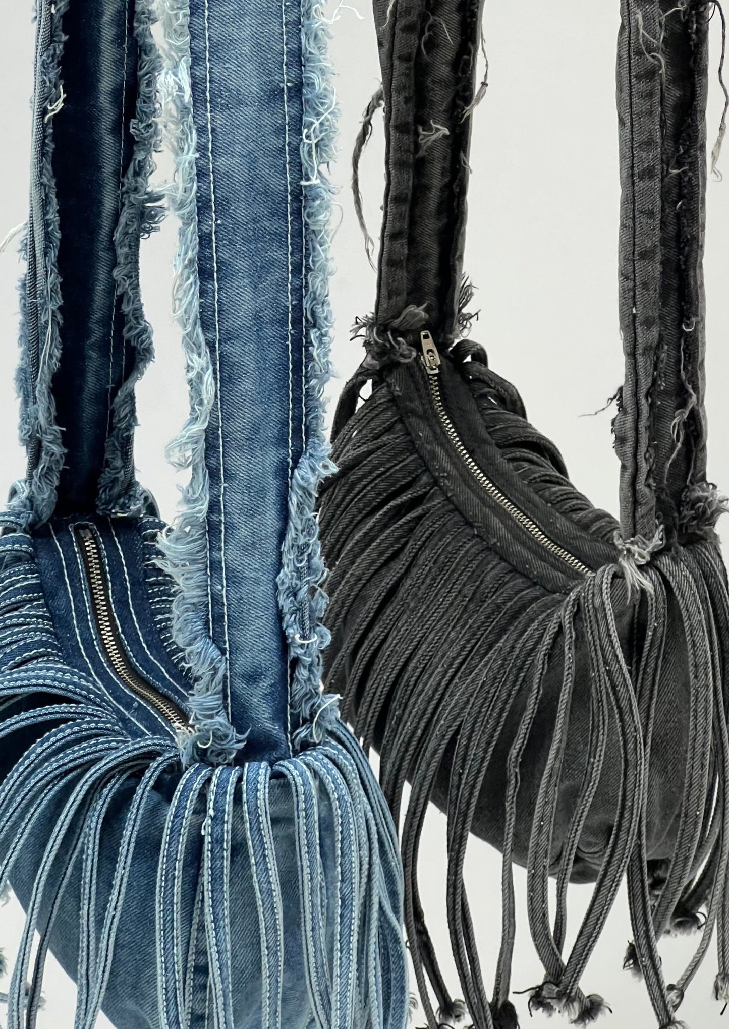 FRINGE DENIM SLING BAG BLUE