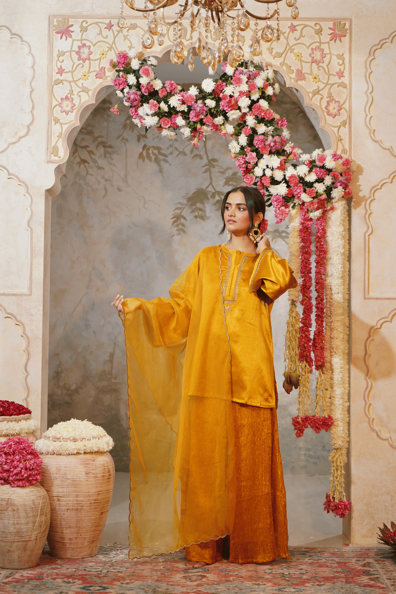 Mustered Yellow Gajji Silk Embroidered Sharara Set with Elasticated Waist Pant and Dupatta