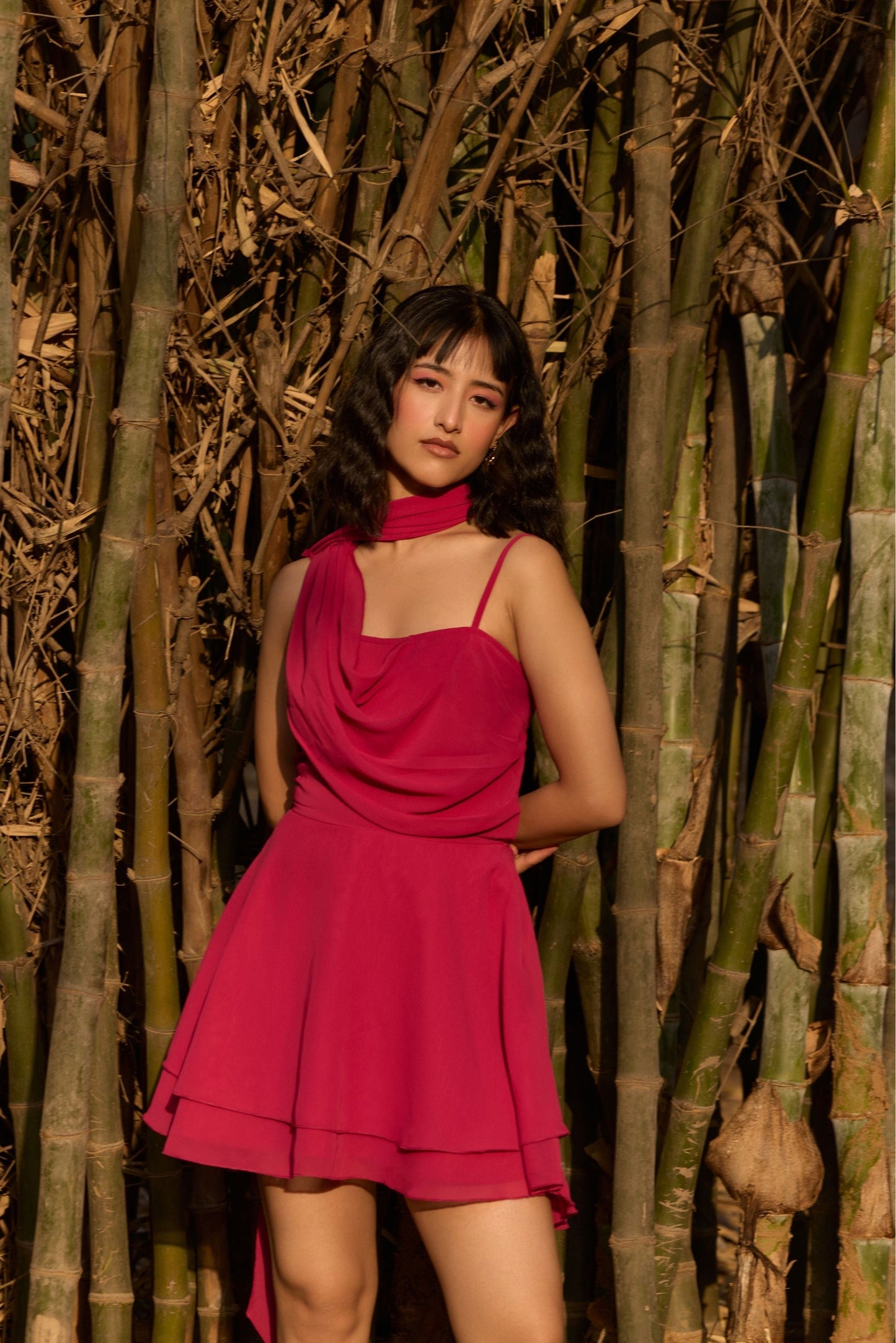 Fuchsia Draped Cowl Neck Mini Dress