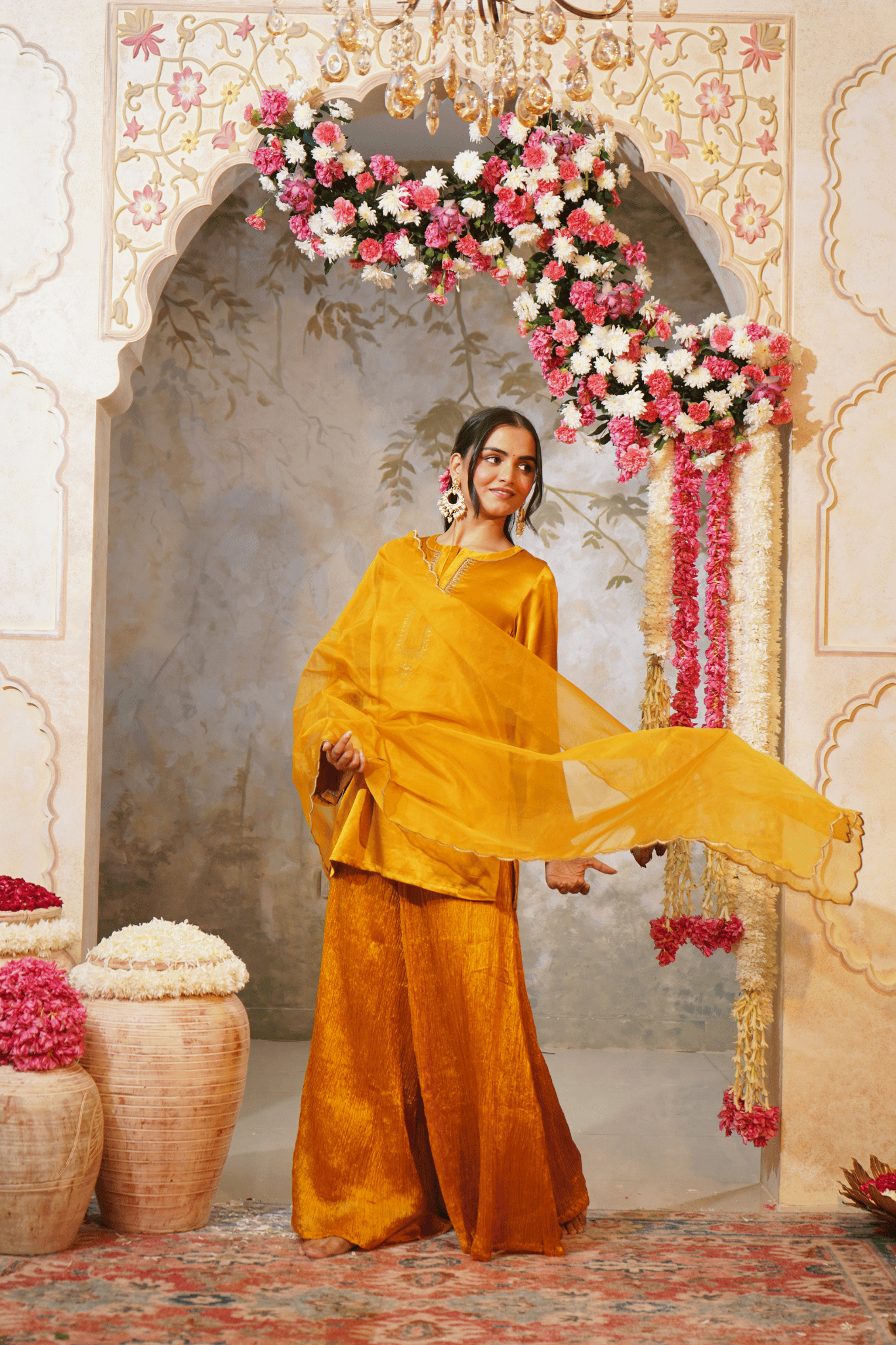 Mustered Yellow Gajji Silk Embroidered Sharara Set with Elasticated Waist Pant and Dupatta