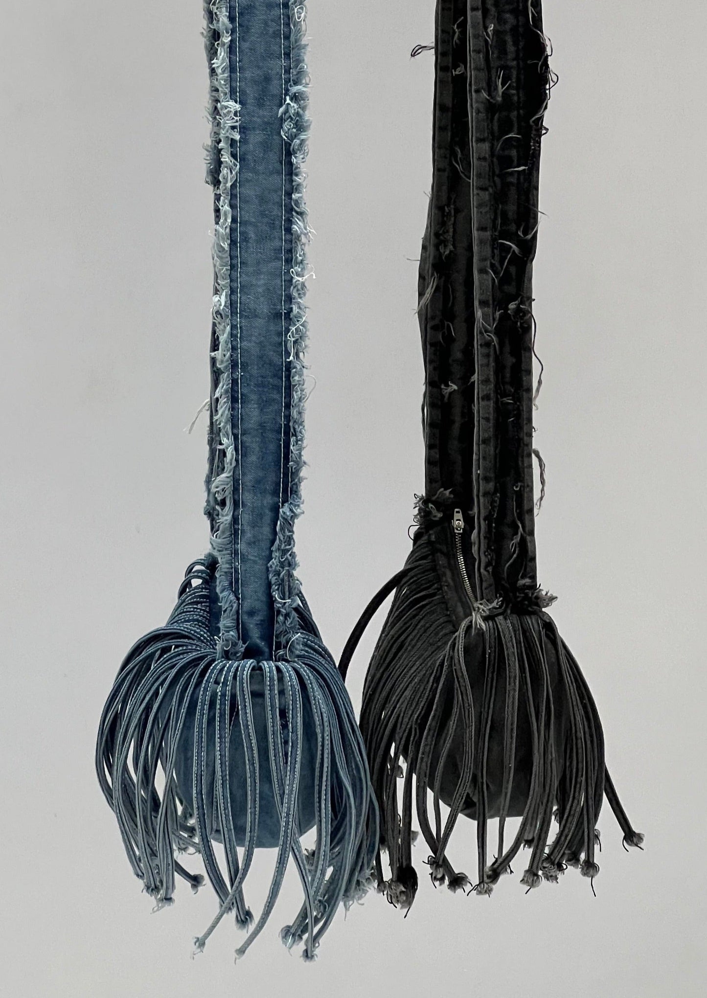 FRINGE DENIM SLING BAG IN ASH GREY