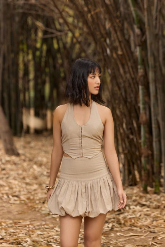Beige Halter Neck Waistcoat & Bubble Hem Mini Skirt