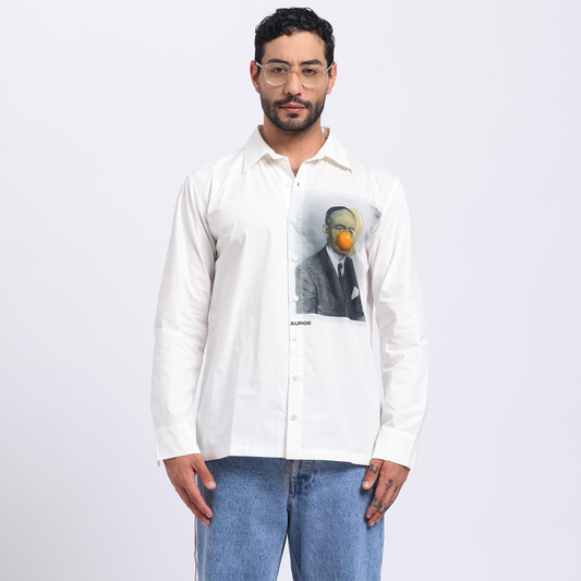 Aurge Pride & Pleasure Shirt – Luxury white cotton shirt with surreal HD digital print, relaxed fit, and premium construction for elevated contemporary style