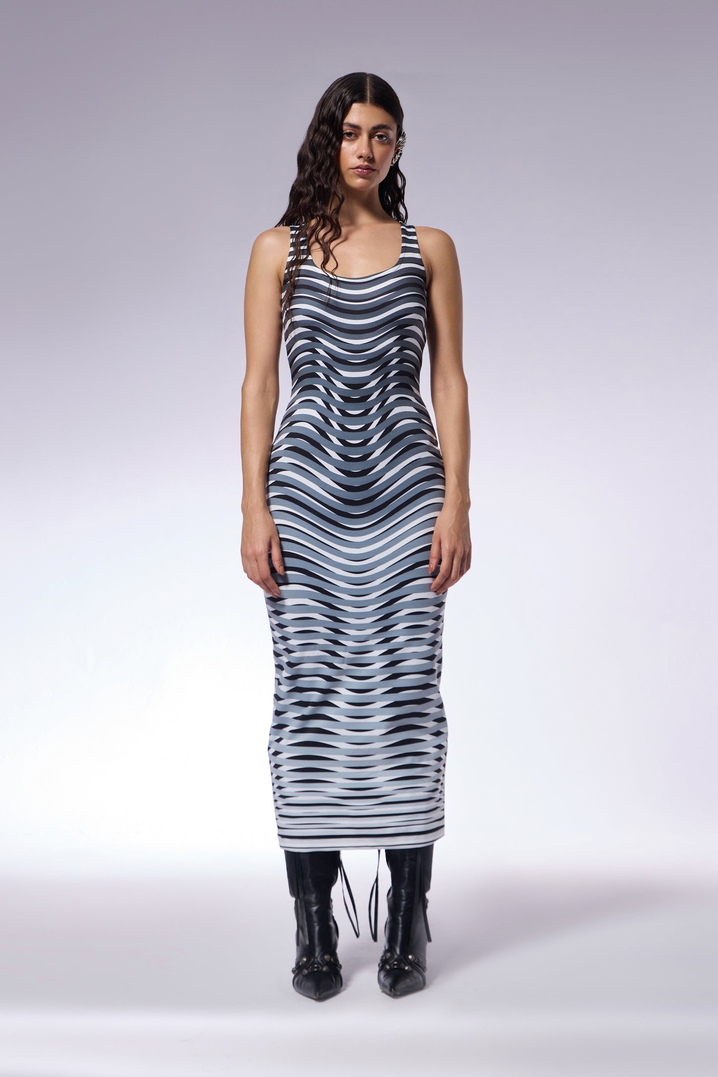 Optic grey Midi Trompe l’Oeil Print Dress