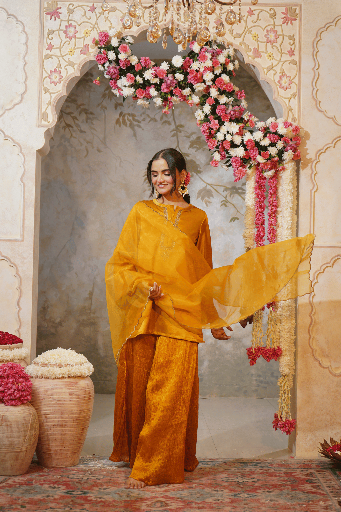 Mustered Yellow Gajji Silk Embroidered Sharara Set with Elasticated Waist Pant and Dupatta