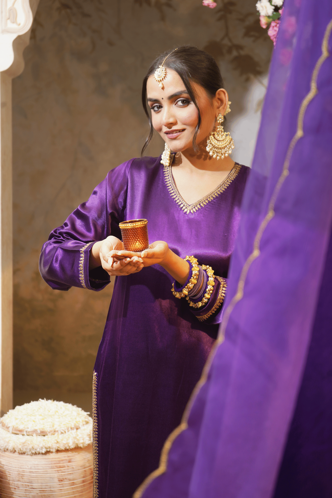 Purple Embroidered Gajji Silk Co-ord Set