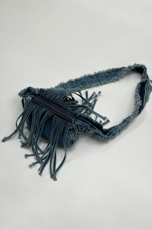 FRINGE DENIM SLING BAG BLUE