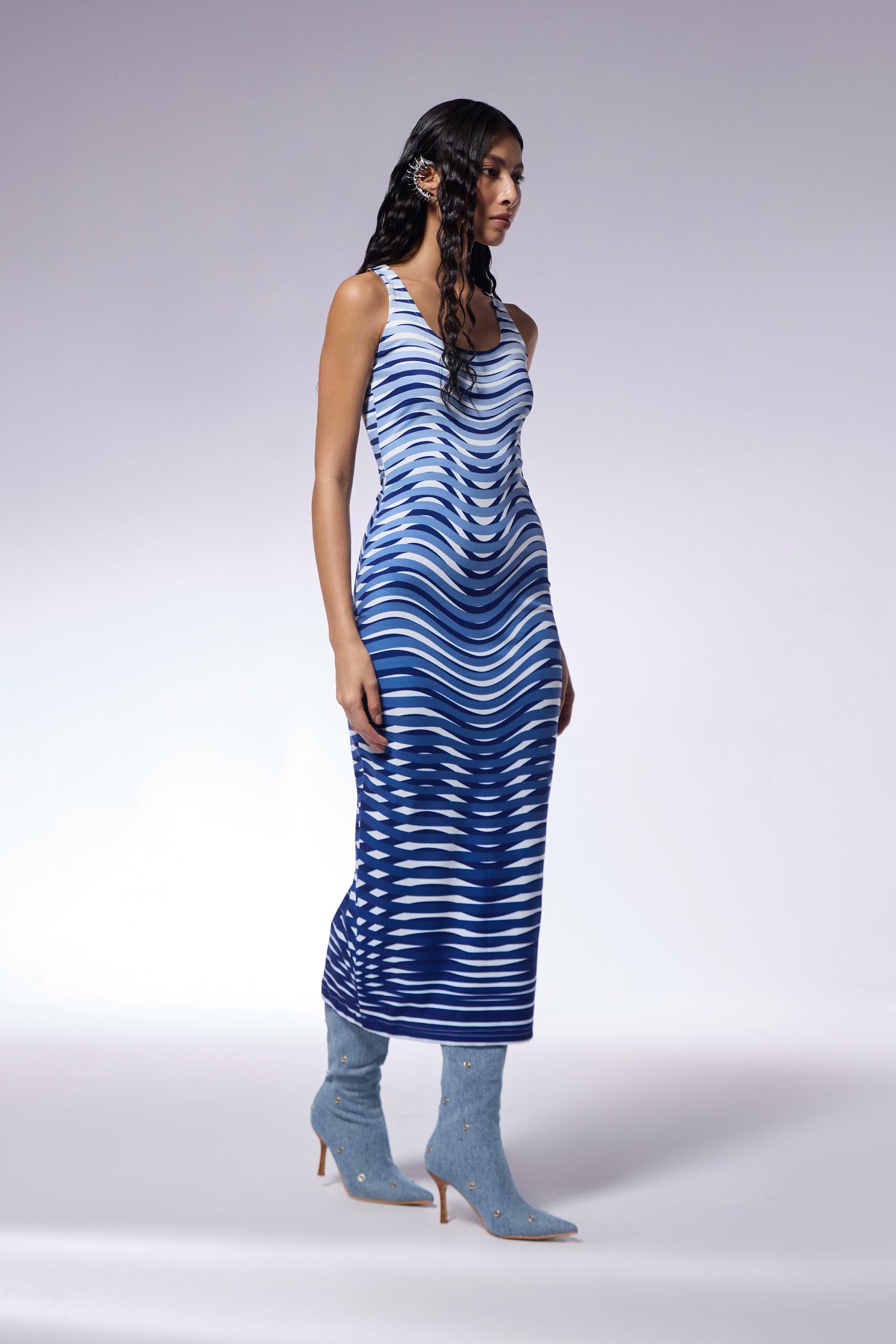 Optic Blue Midi Trompe l’Oeil Print Dress