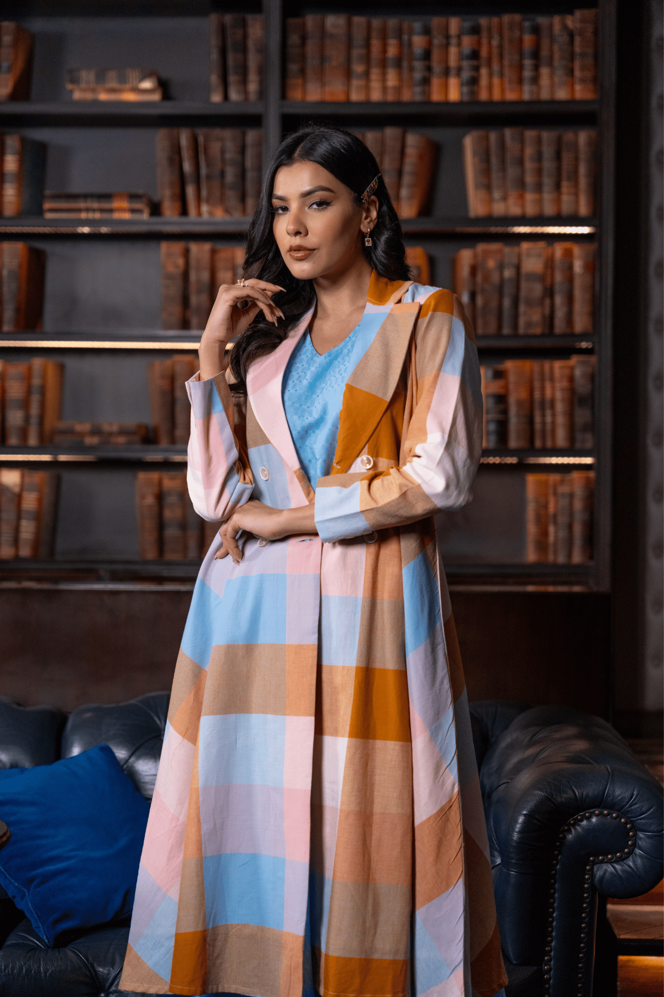 Pink Madras Cotton Checks Long jacket & Sleevless Dress