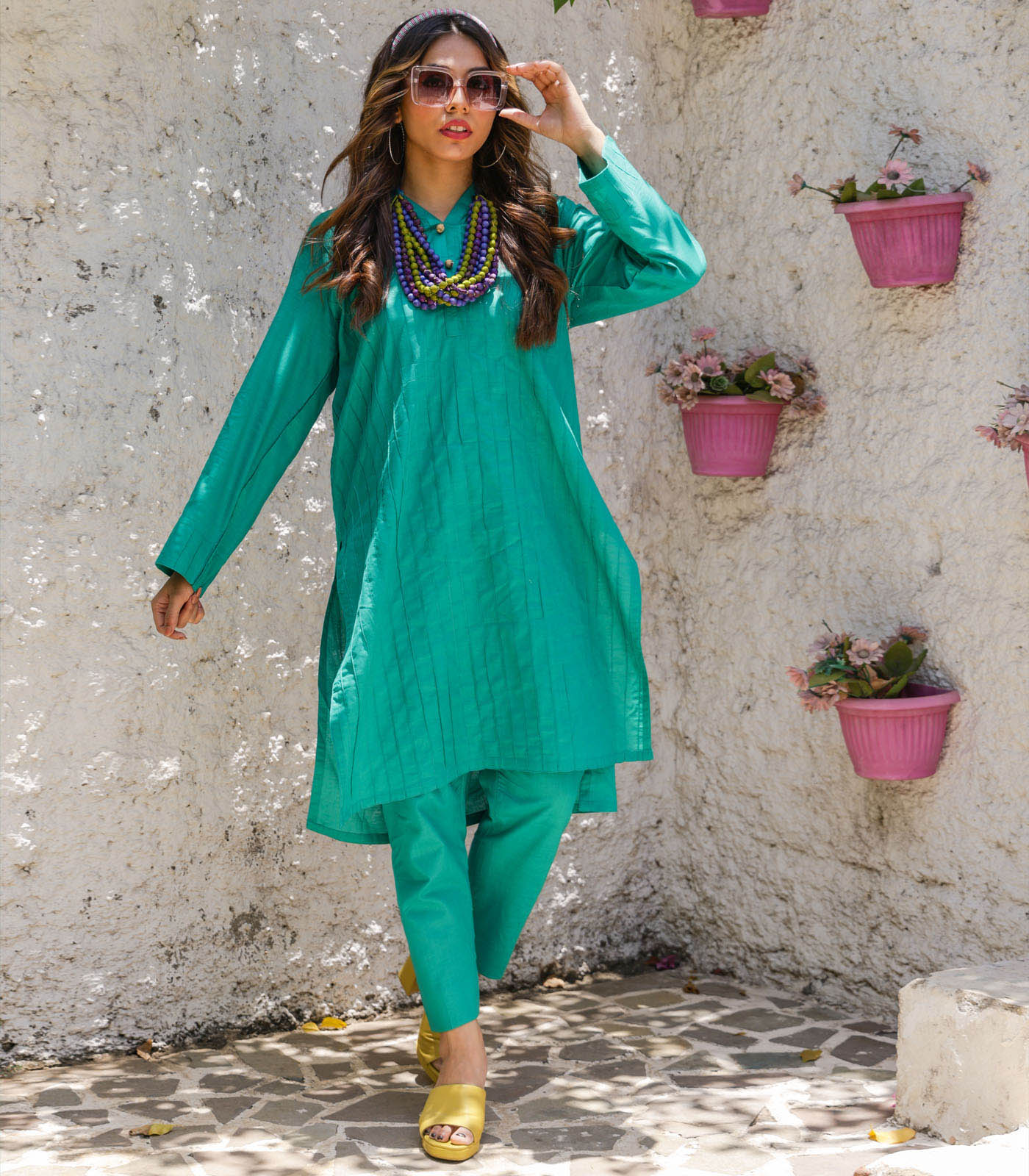 Teal Cotton Long Kurta