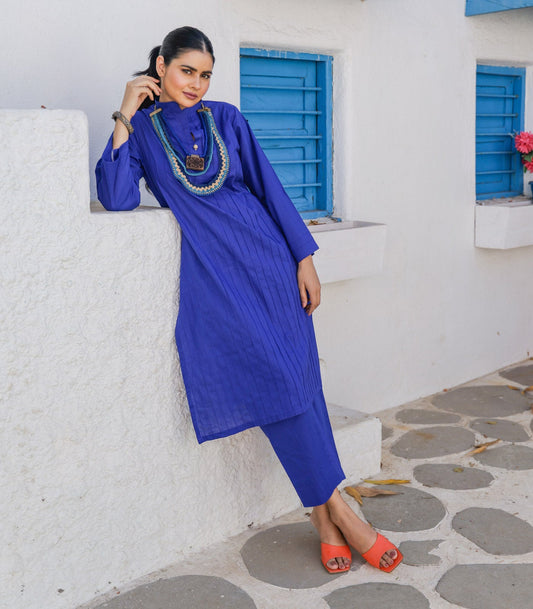 Electric Blue Cotton Long Kurta