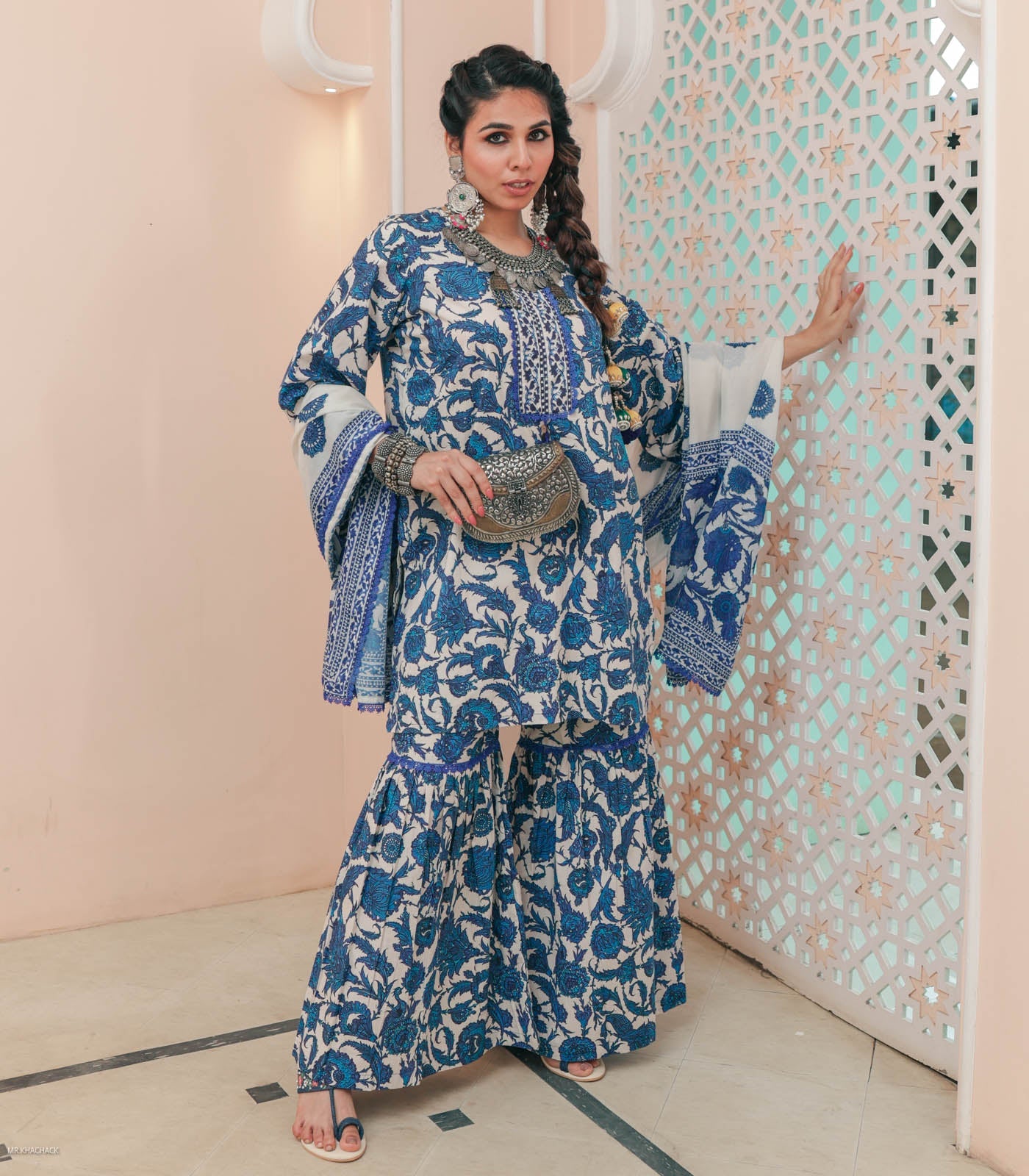 Blue Flower Print Cotton Garara Set with Dupatta