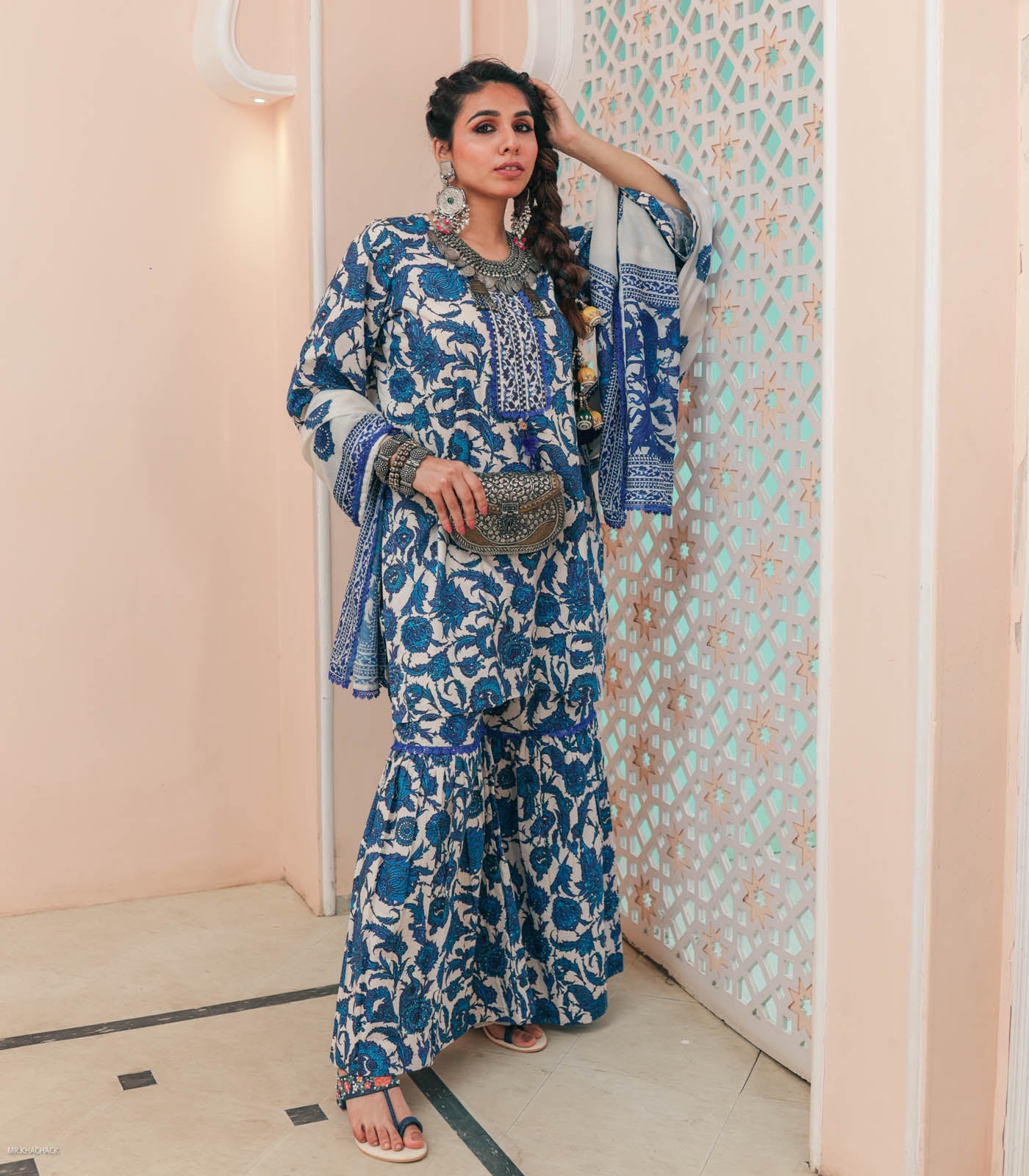 Blue Flower Print Cotton Garara Set with Dupatta