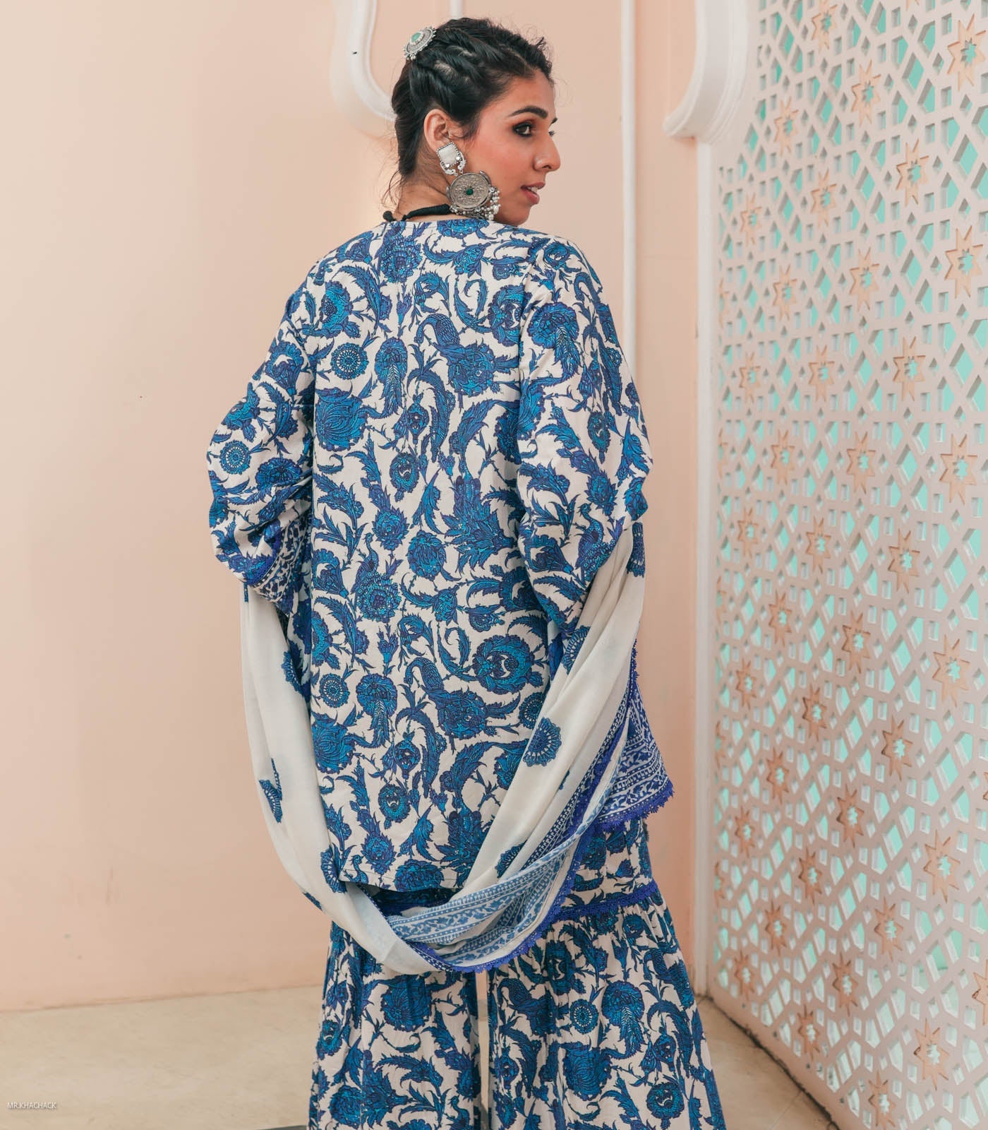 Blue Flower Print Cotton Garara Set with Dupatta