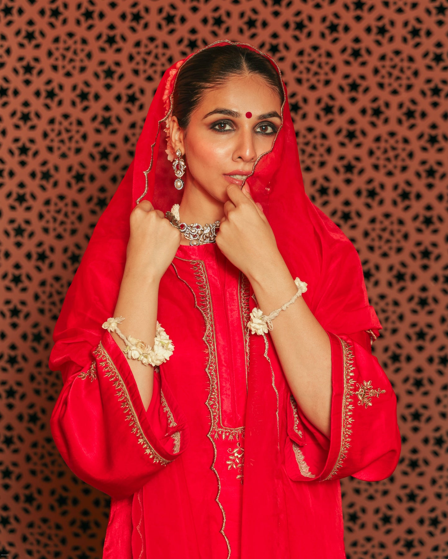 Red Gajji silk Embroiderd sharara set with elasticated waist pant and dupatta