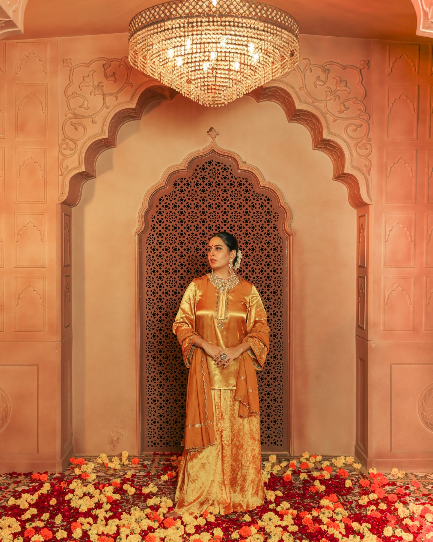 Mustered Yellow Gajji Silk Embroidered Sharara Set with Elasticated Waist Pant and Dupatta