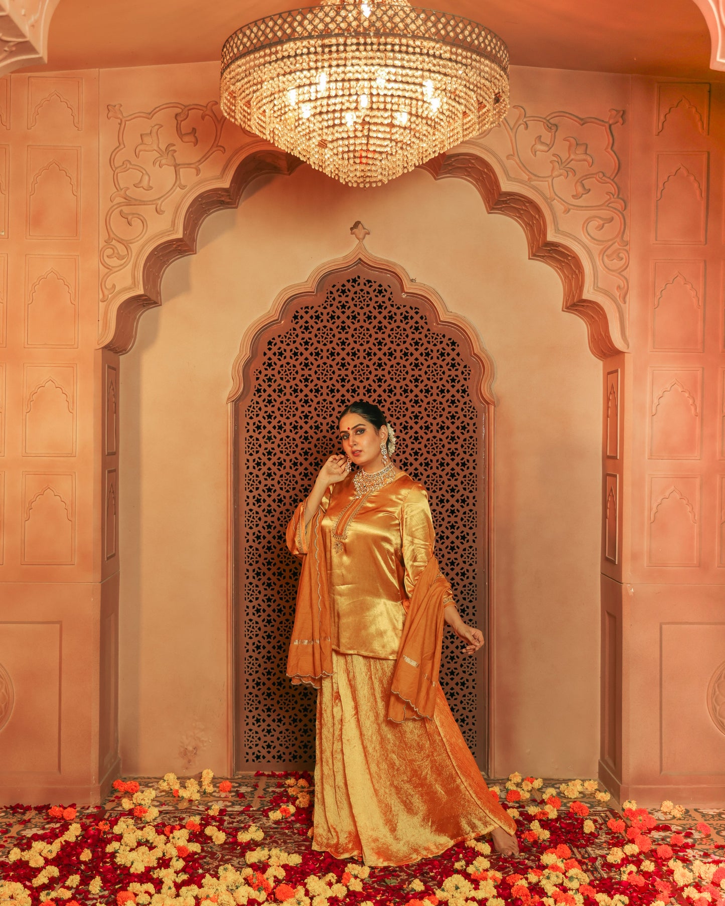 Mustered Yellow Gajji Silk Embroidered Sharara Set with Elasticated Waist Pant and Dupatta