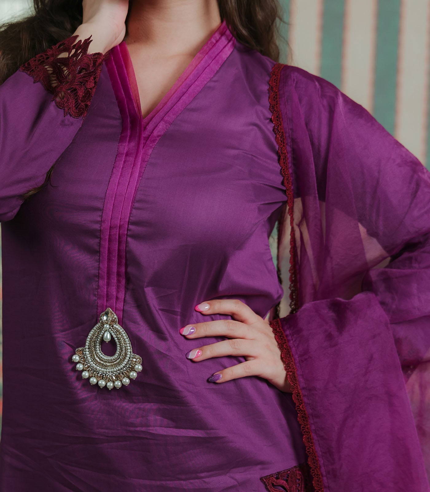 Purple Lawn Coord Set with Dupatta