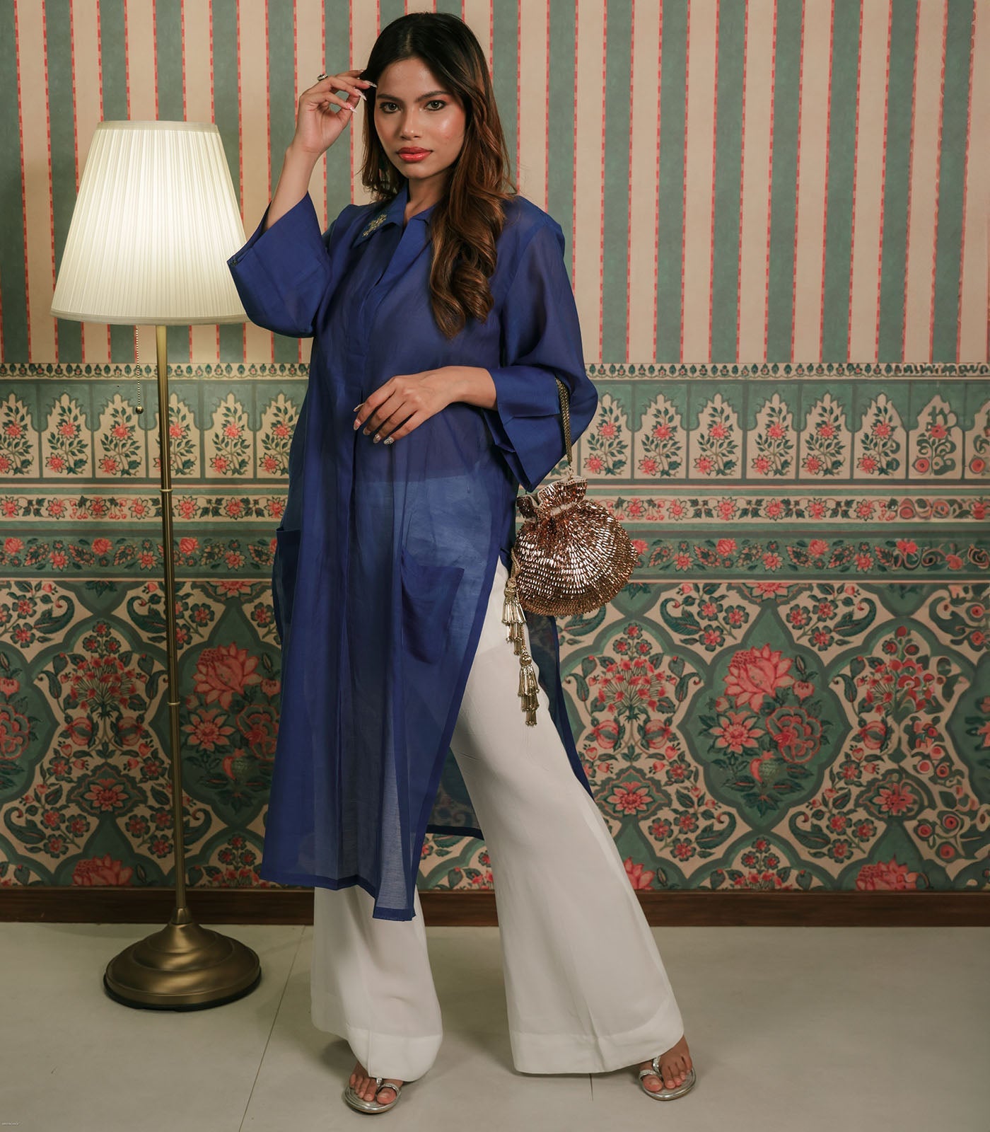 Blue Chanderi Kurta with Embroidered Detail on Collar