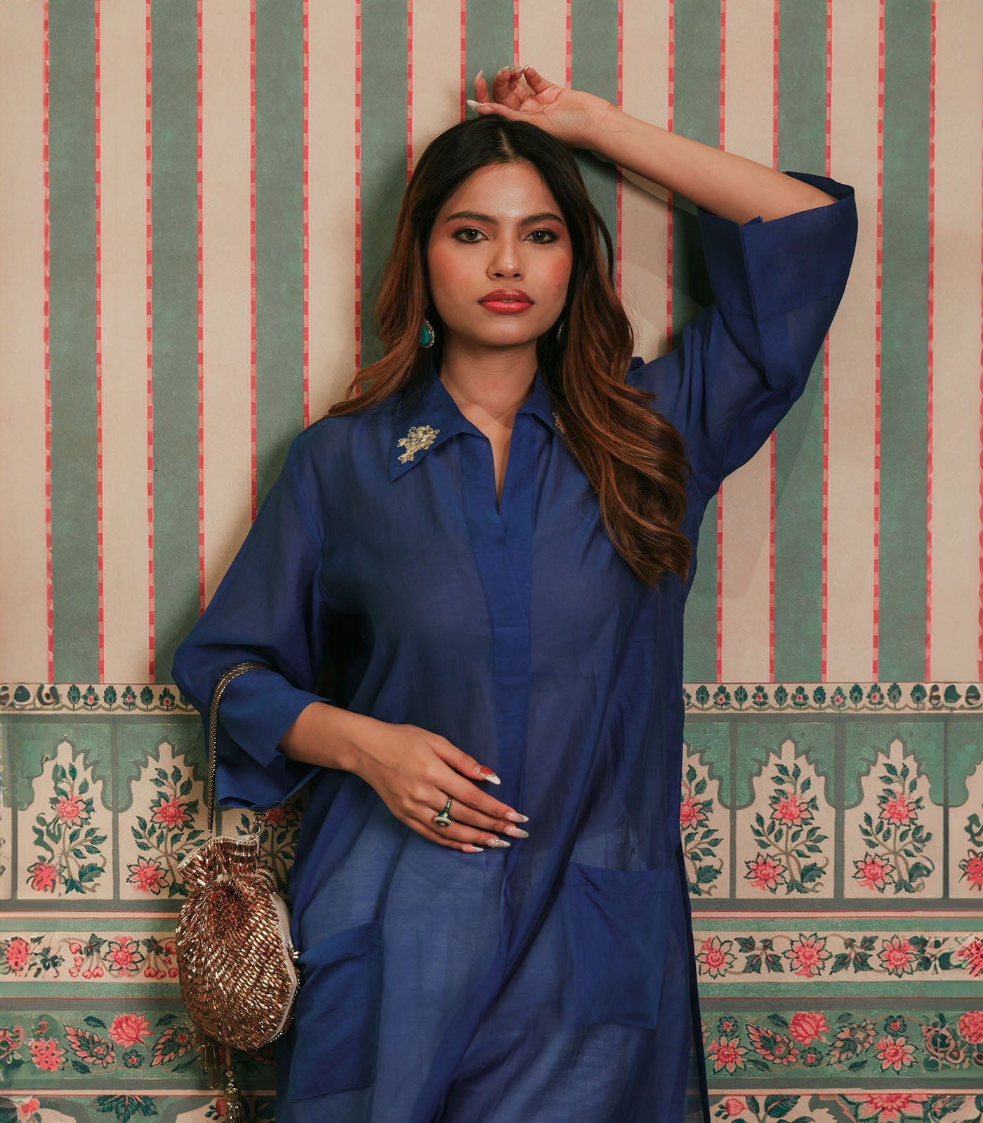 Blue Chanderi Kurta with Embroidered Detail on Collar