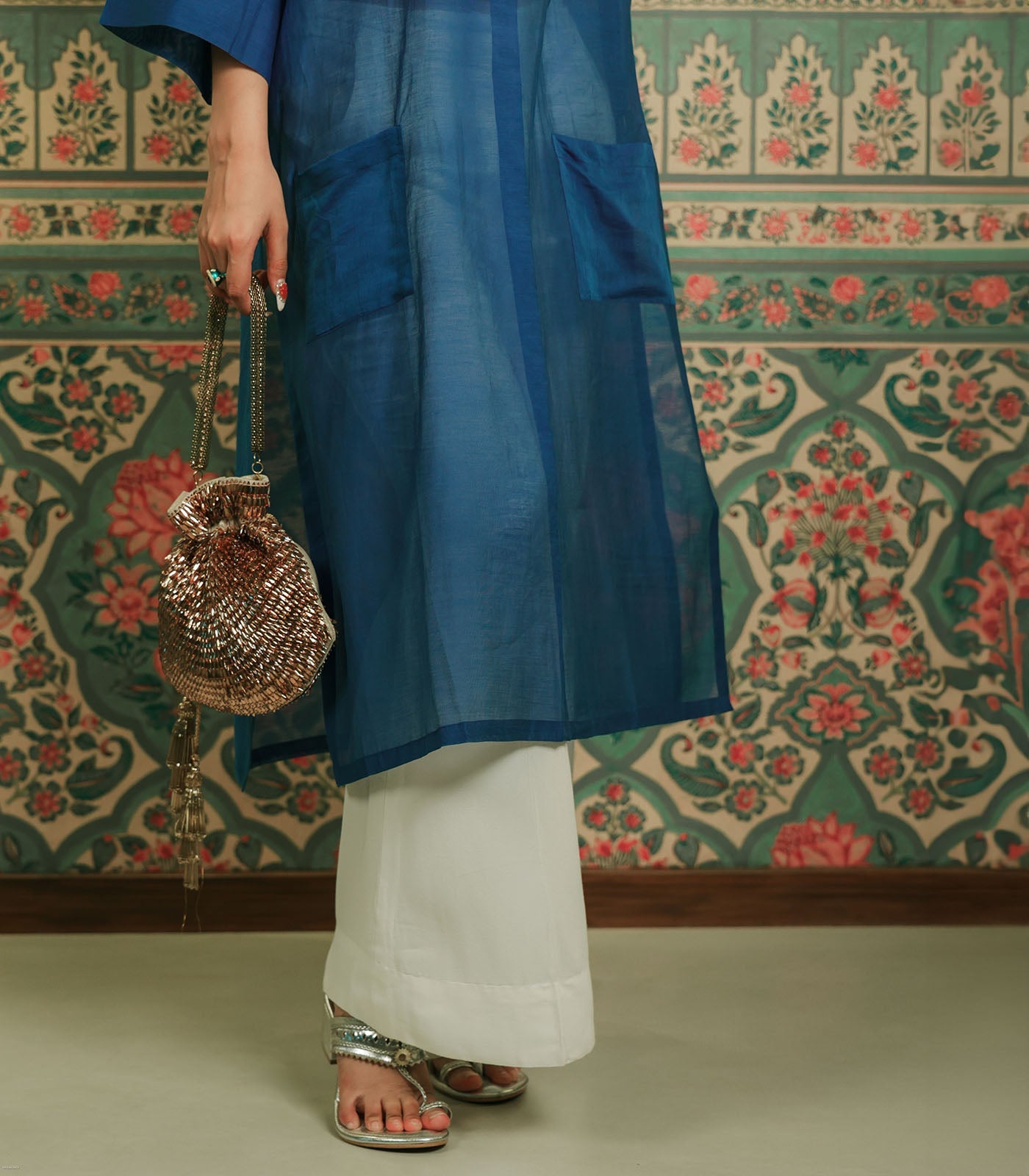 Blue Chanderi Kurta with Embroidered Detail on Collar