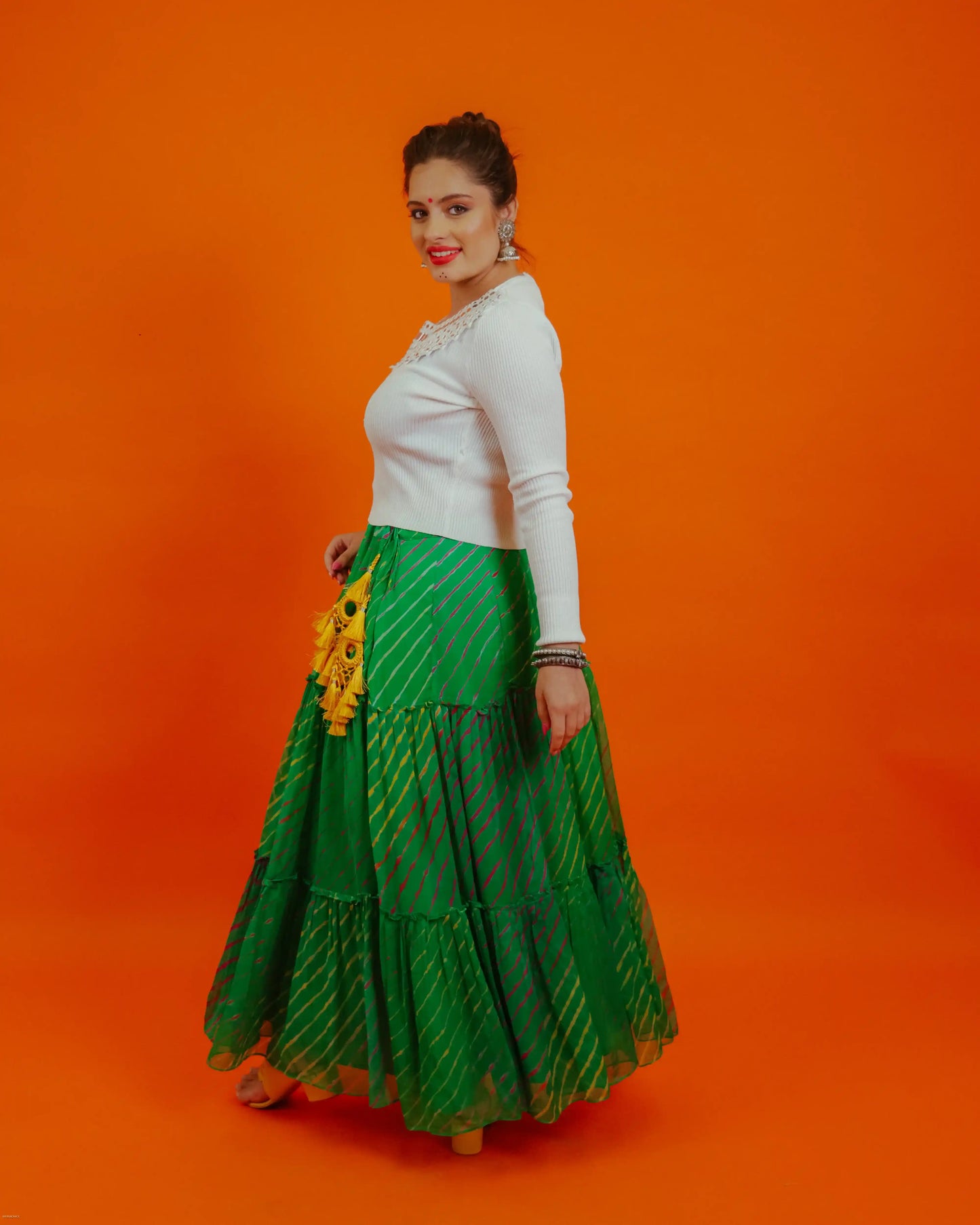 Green Chiffon Leheriya Skirt