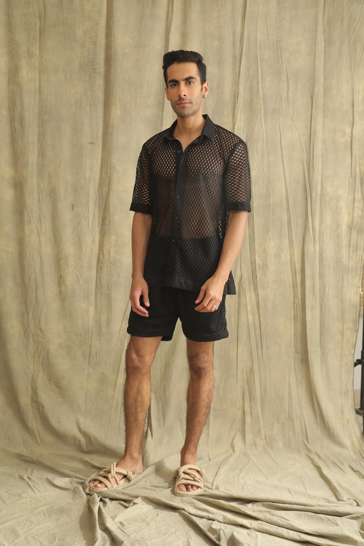 Black crochet net shirt and shorts