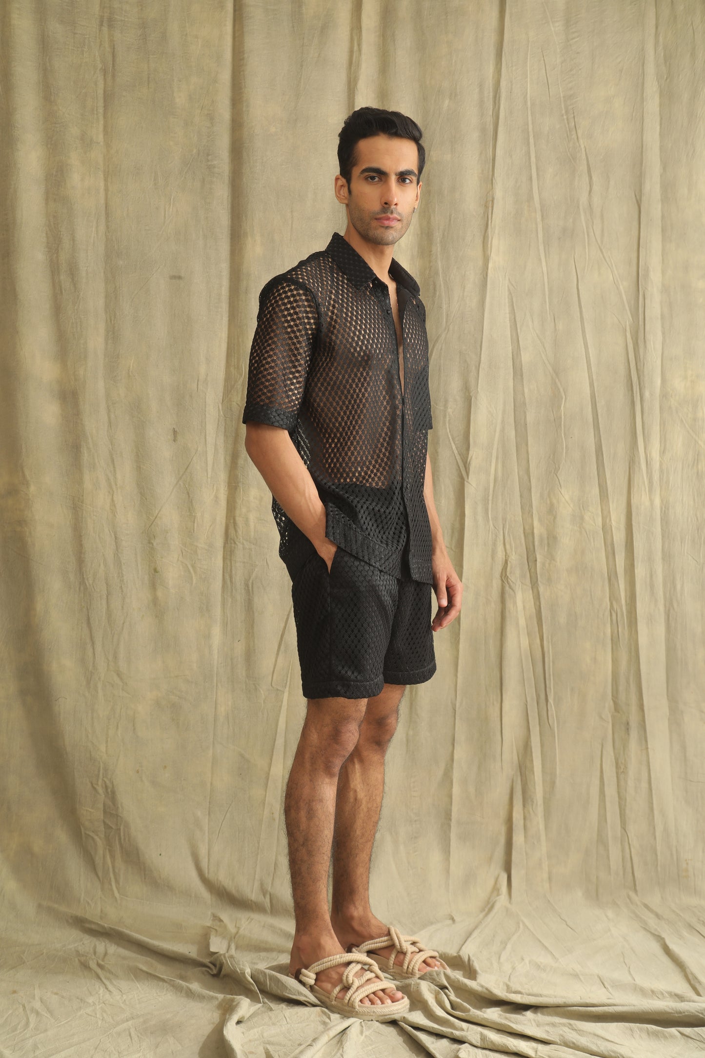 Black crochet net shirt and shorts