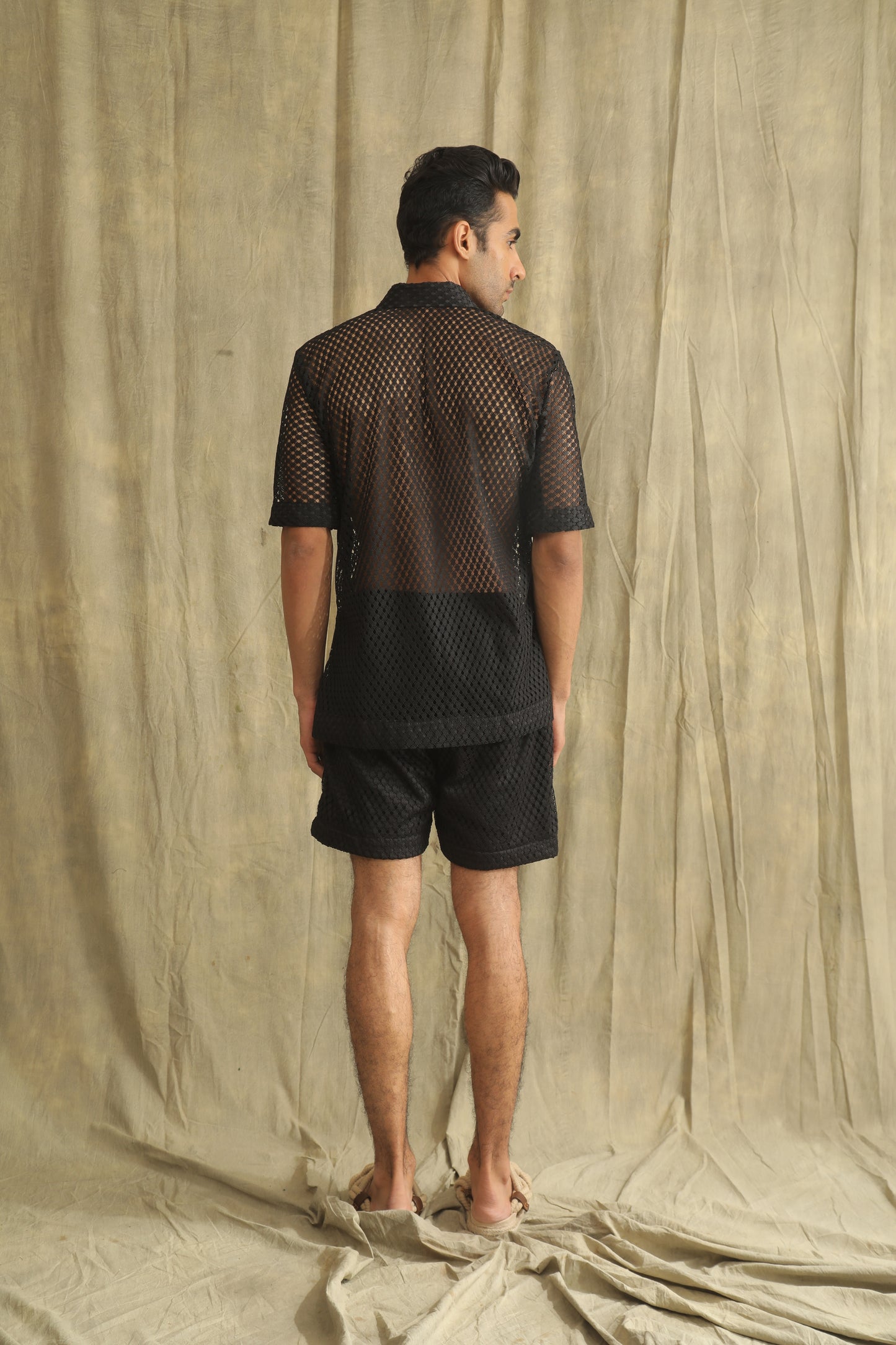 Black crochet net shirt and shorts