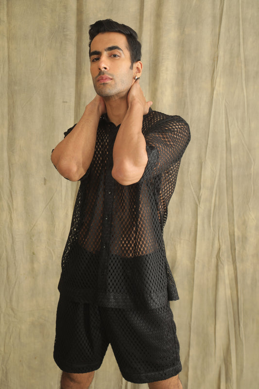 Black crochet net shirt