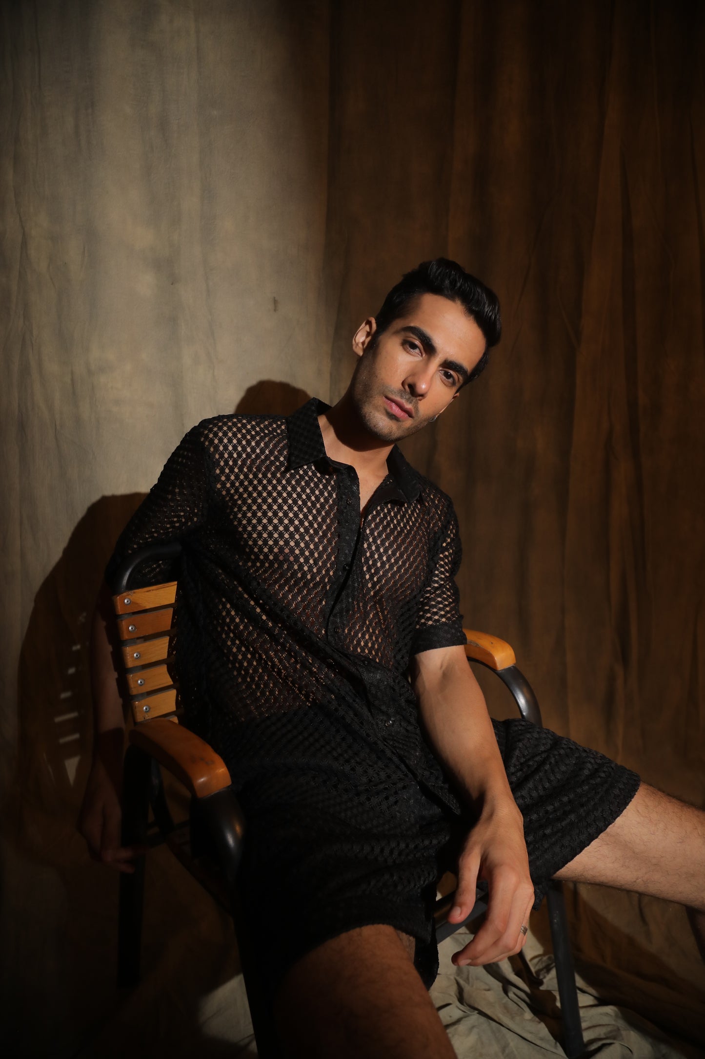 Black crochet net shirt and shorts