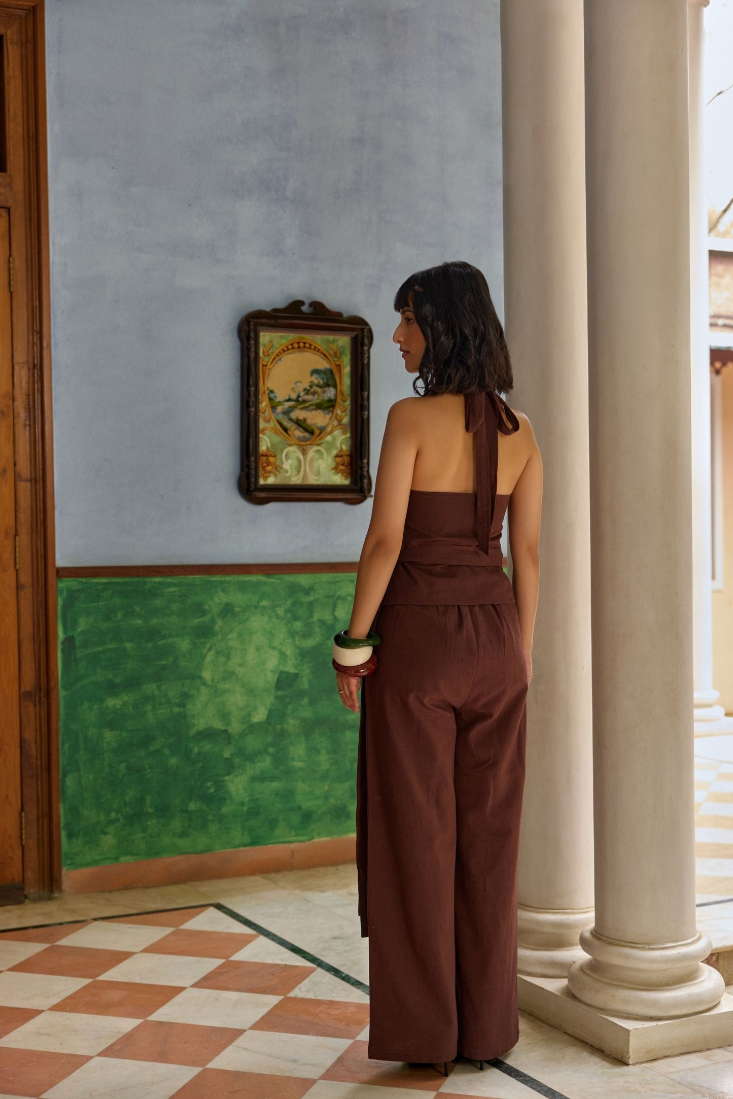 Brown Halter Neck Wrap around Top & Pants