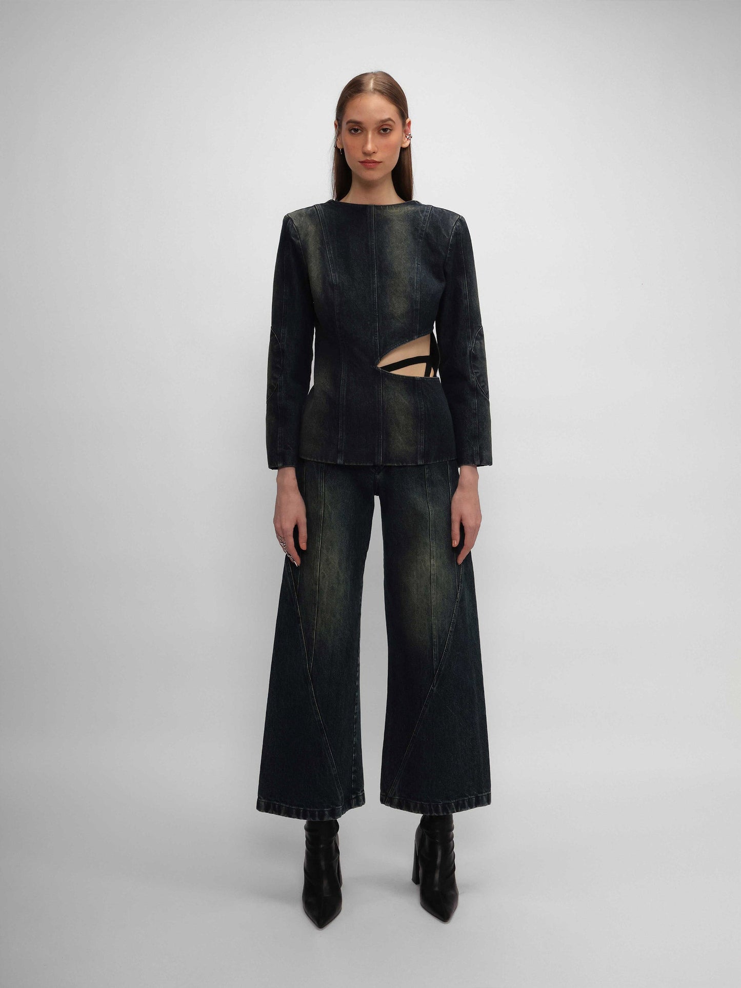 Denim Blazer and Asymmetrical Pant Set