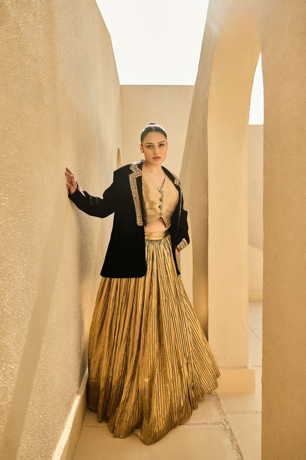 BLACK BLAZER WITH GOLD WAIST COAT AND GOLD LEHANGA