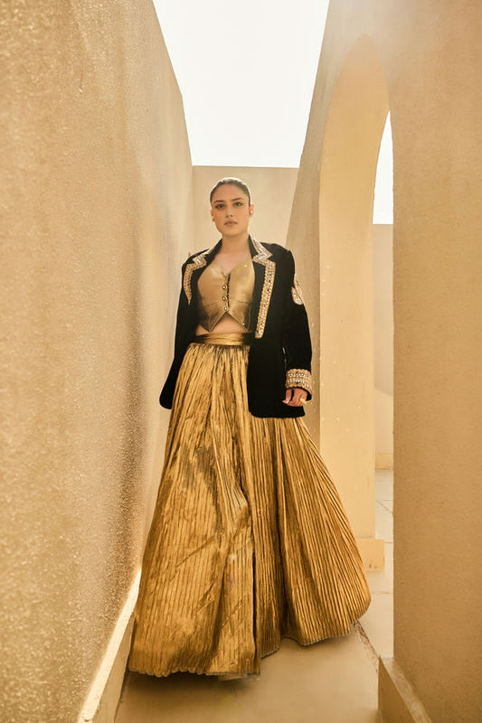 BLACK BLAZER WITH GOLD WAIST COAT AND GOLD LEHANGA