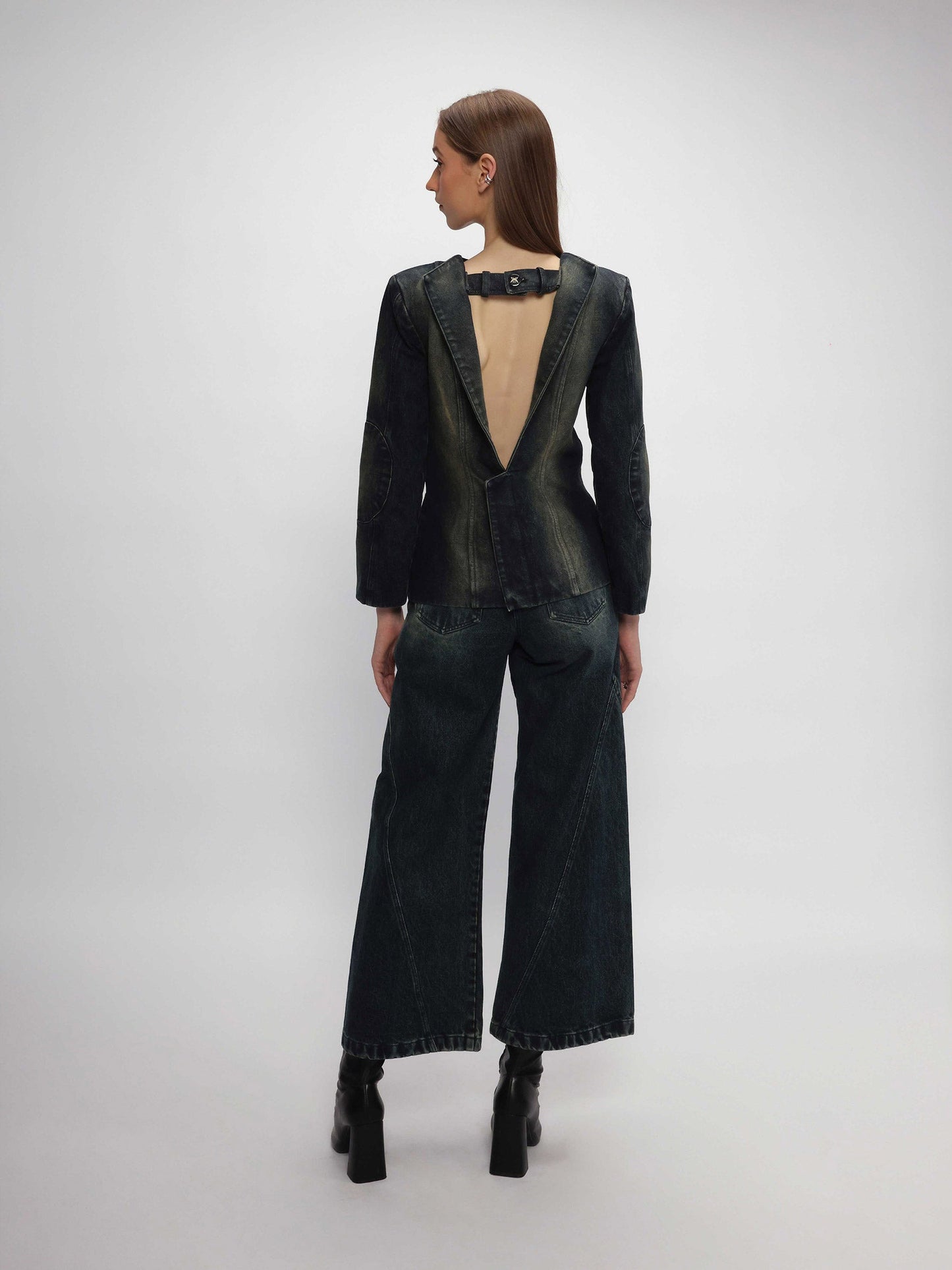Denim Blazer and Asymmetrical Pant Set