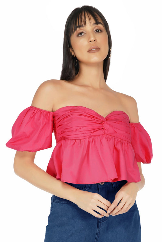 Pink Off Shoulder Puff Sleeves Top