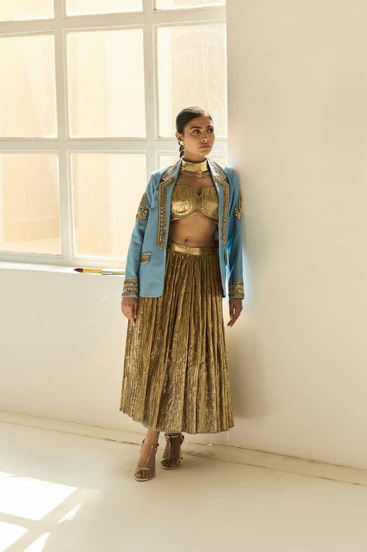 DENIM BLAZER WITH GOLD BUSTIER TOP AND SKIRT