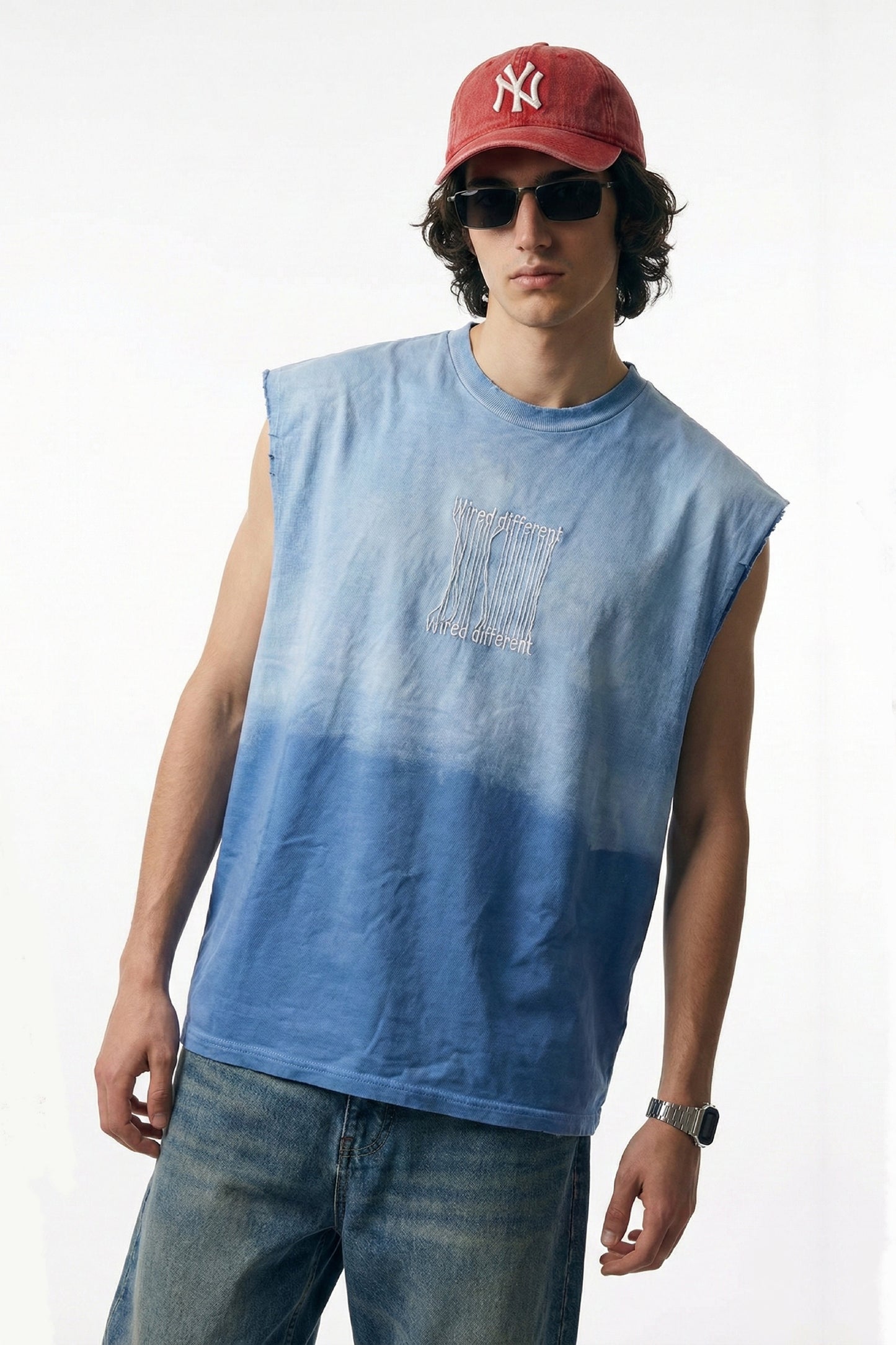 Wired Different Embroidered Tank Top - Blue Washed
