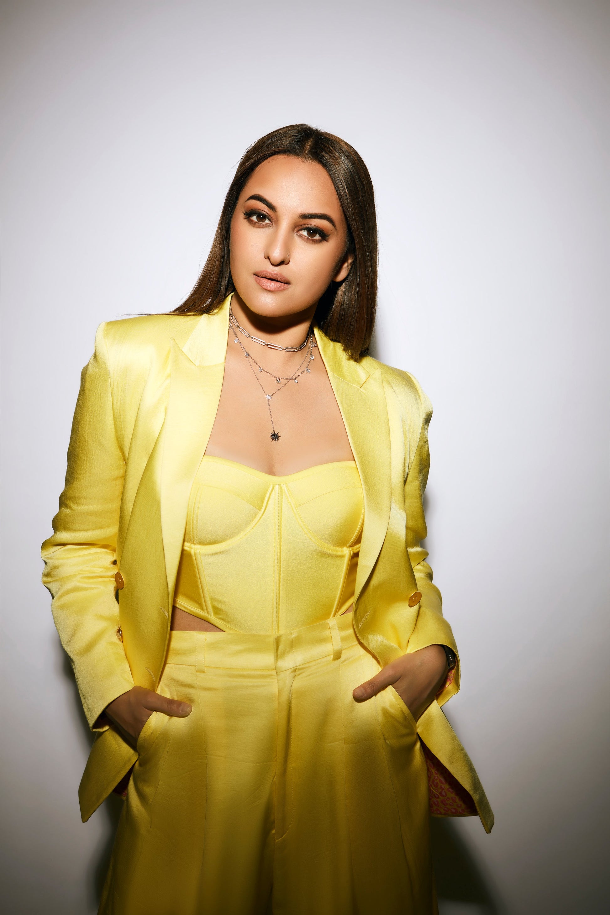 Sonakshi Sinha Wearing Legs for Days Pants in Yuzu - Solid-trousers - Celebrity - Monokrom