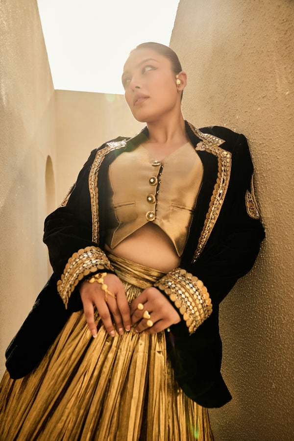 BLACK BLAZER WITH GOLD WAIST COAT AND GOLD LEHANGA