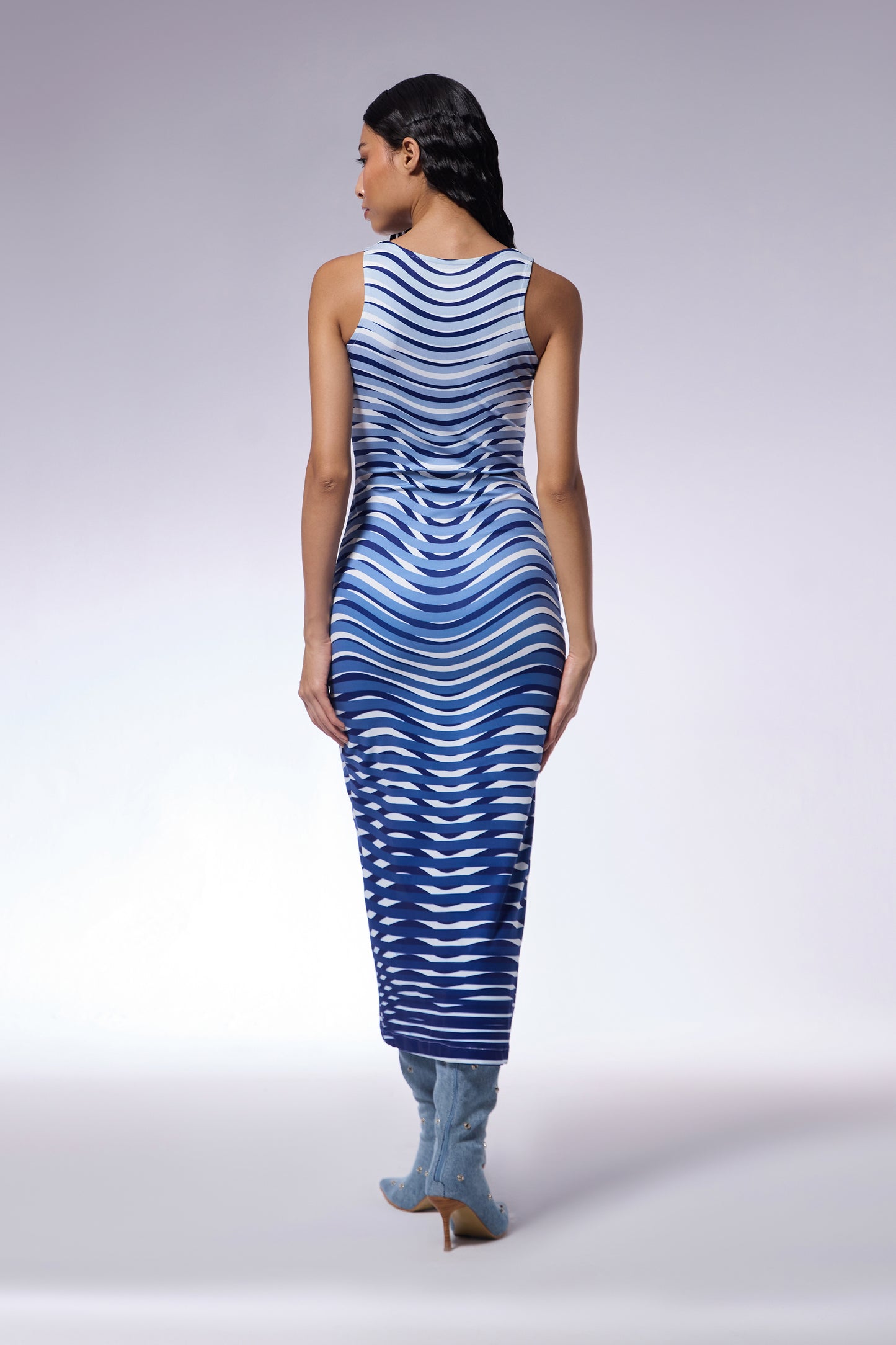 Optic Blue Midi Trompe l’Oeil Print Dress