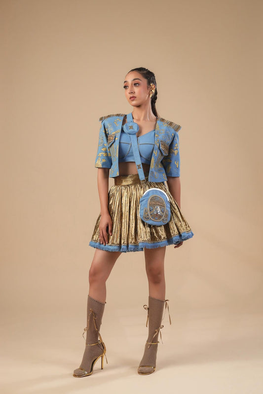 DENIM CROP JACKET WITH DENIM CORSET AND GOLD SKIRT