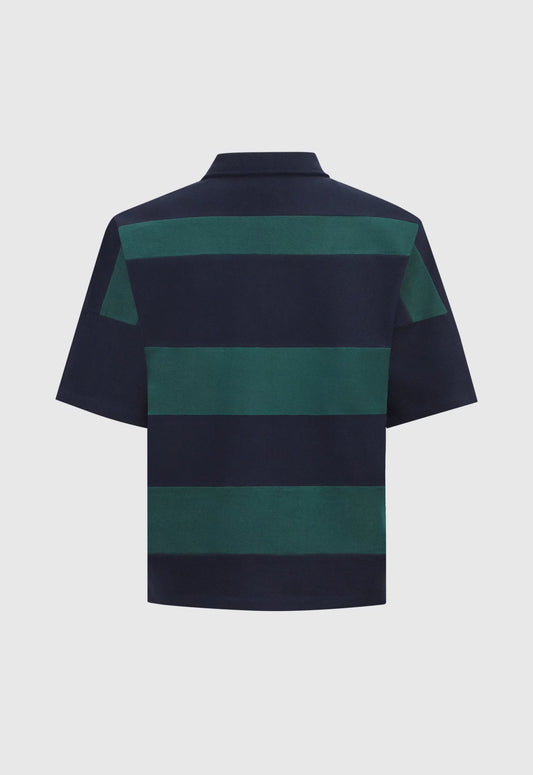 Alpha Cross Woven Striped Polo in Navy and Green