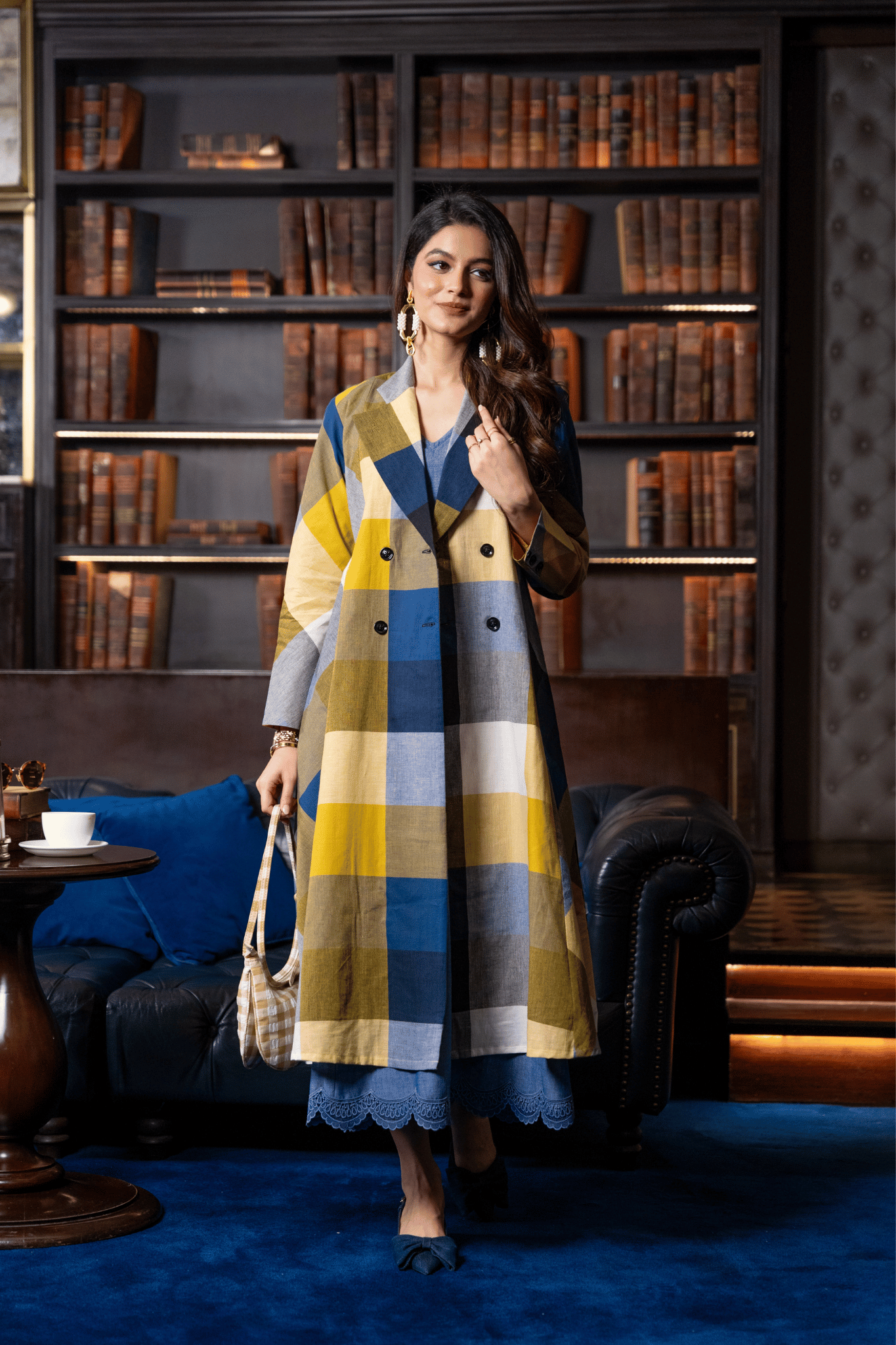 Blue Madras Cotton Checks Long jacket & Sleevless Dress