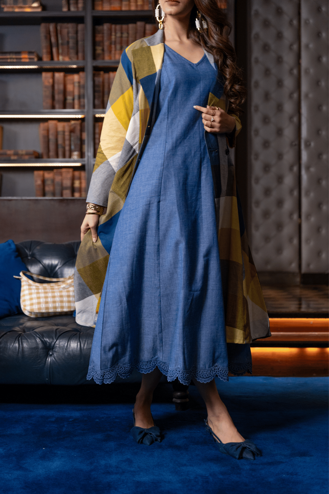 Blue Madras Cotton Checks Long jacket & Sleevless Dress