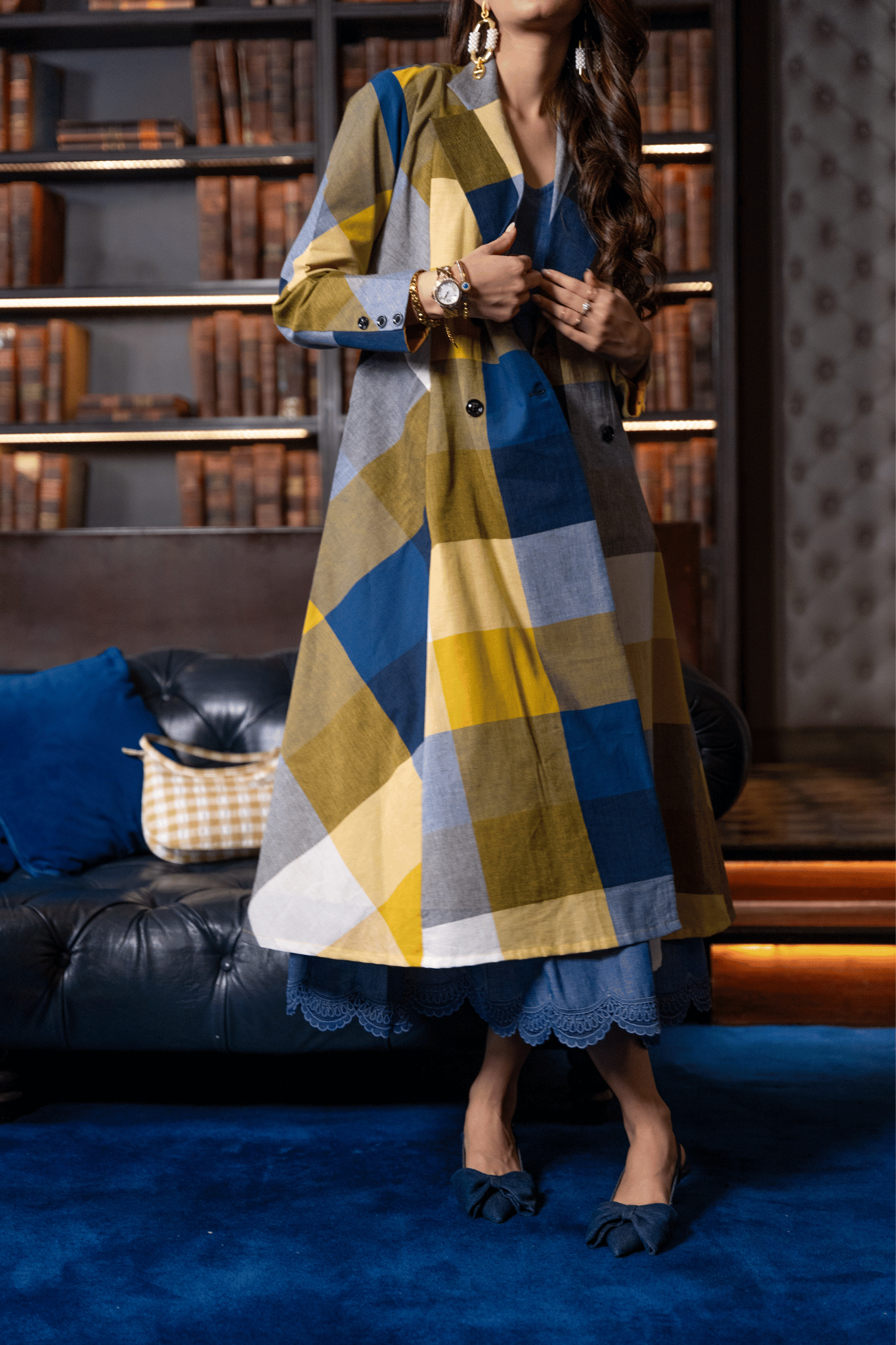 Blue Madras Cotton Checks Long jacket & Sleevless Dress