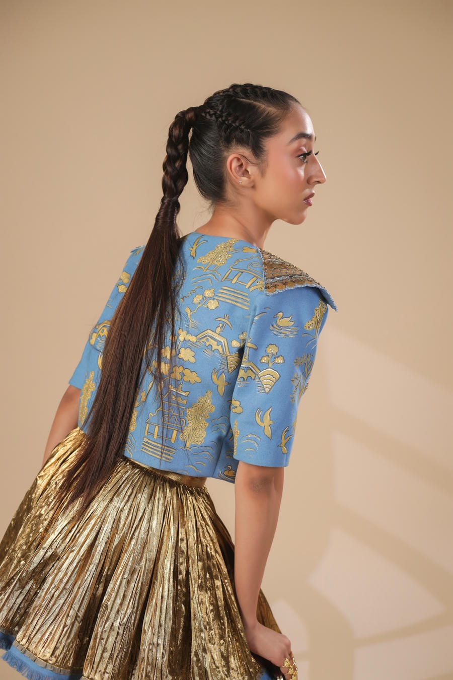 DENIM CROP JACKET WITH DENIM CORSET AND GOLD SKIRT